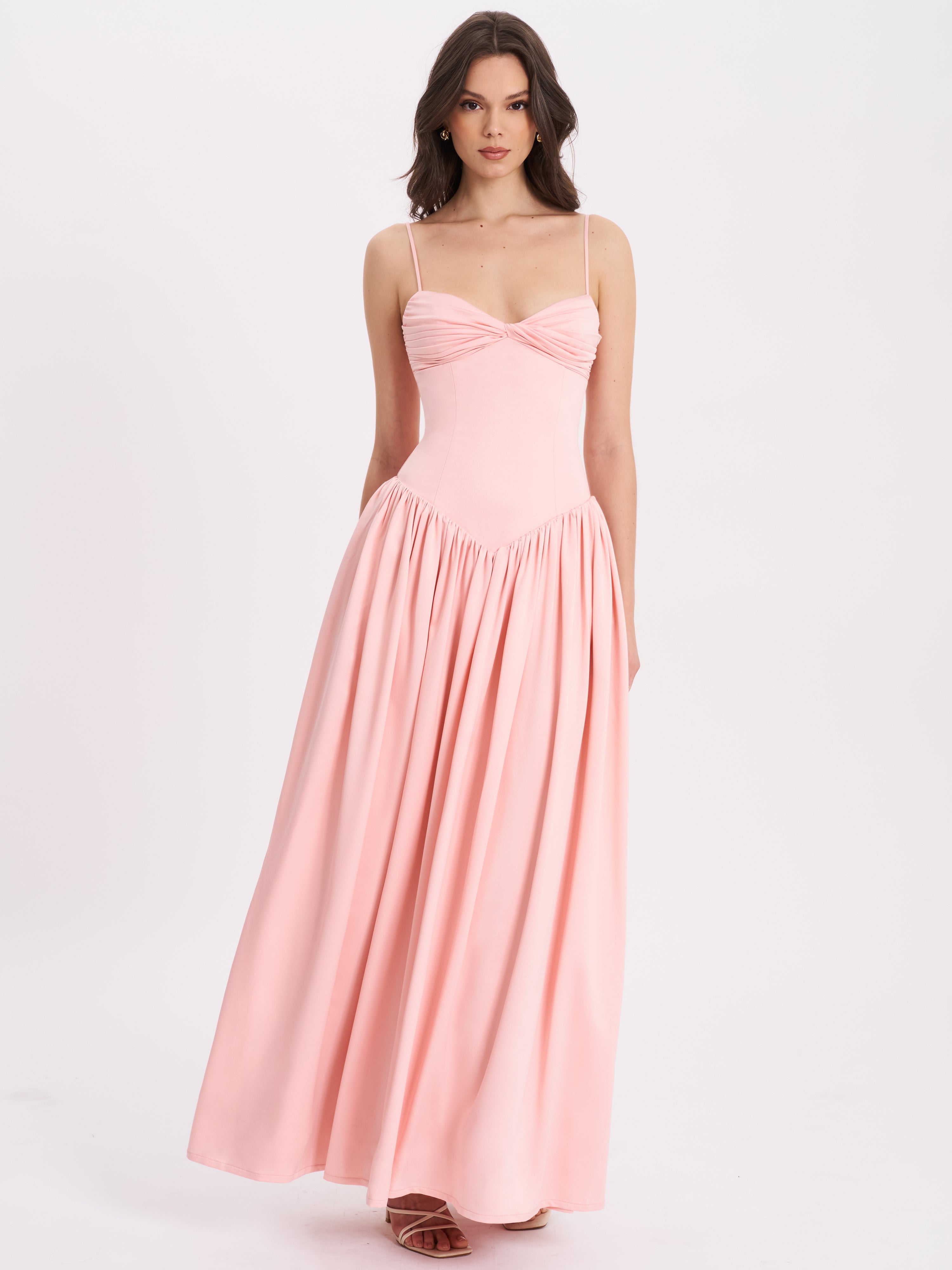 Najwa Baby Pink Ruched Breast Drop Waist Maxi Dress