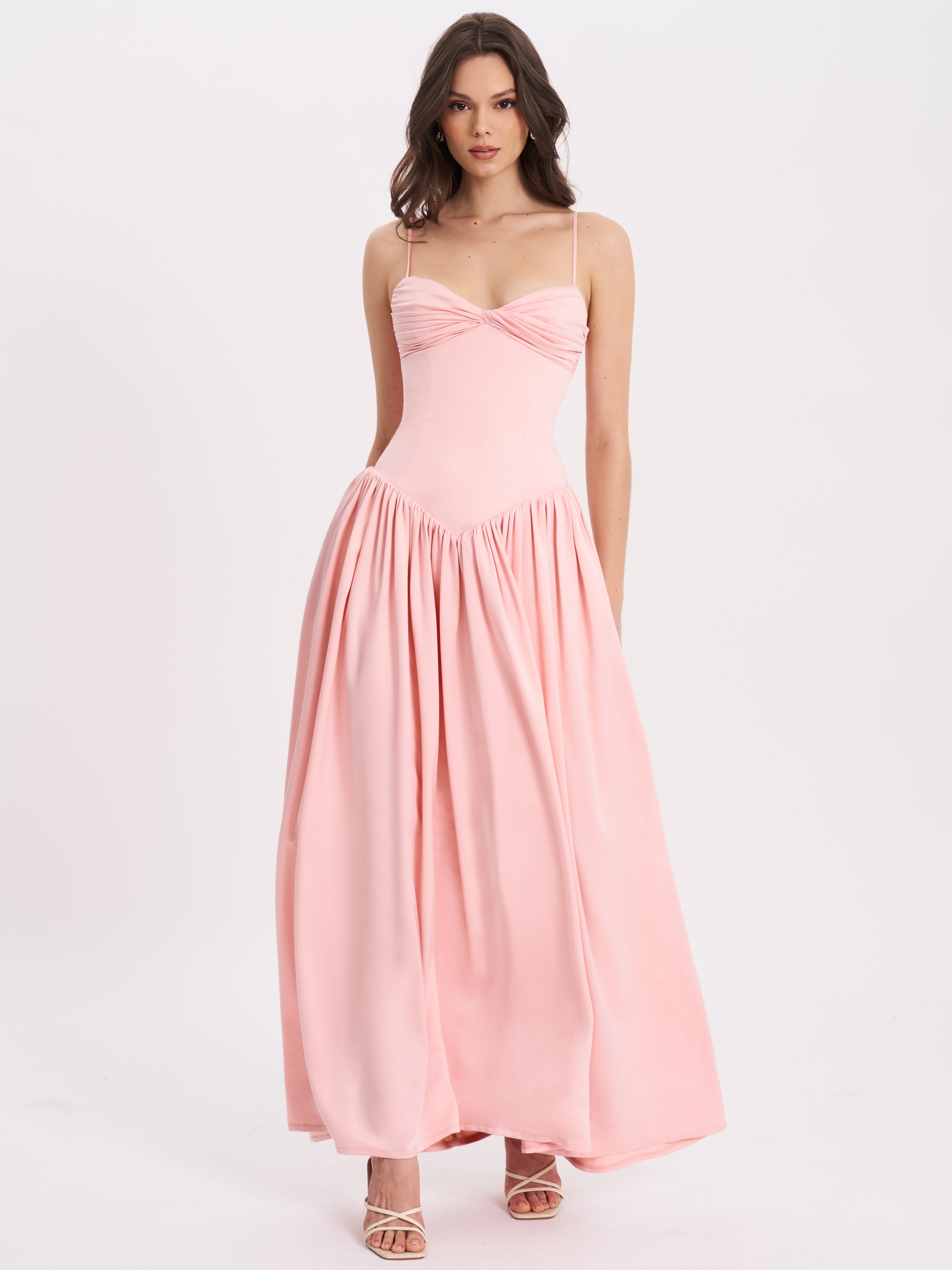 Najwa Baby Pink Ruched Breast Drop Waist Maxi Dress