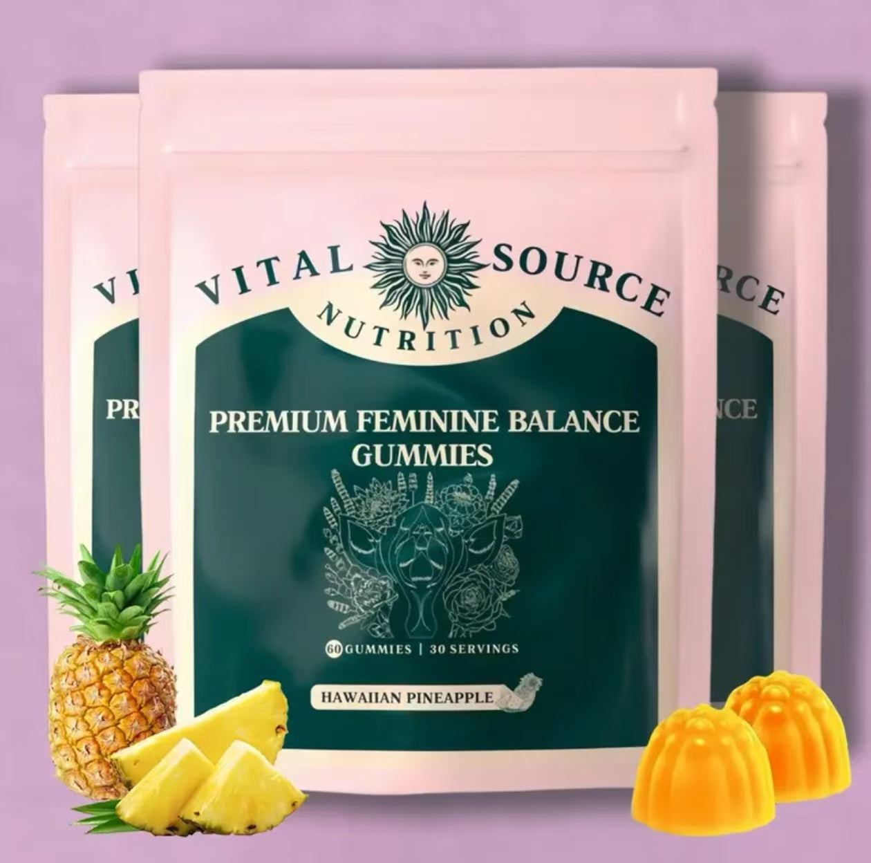 Vital Source Nutrition - Premium Feminine Balance Gummies - for Women’s Health & Wellness - Immune Support - Vegan, Gluten-Free - Hawaiian Pineapple - 60 Gummies - 30 Servings