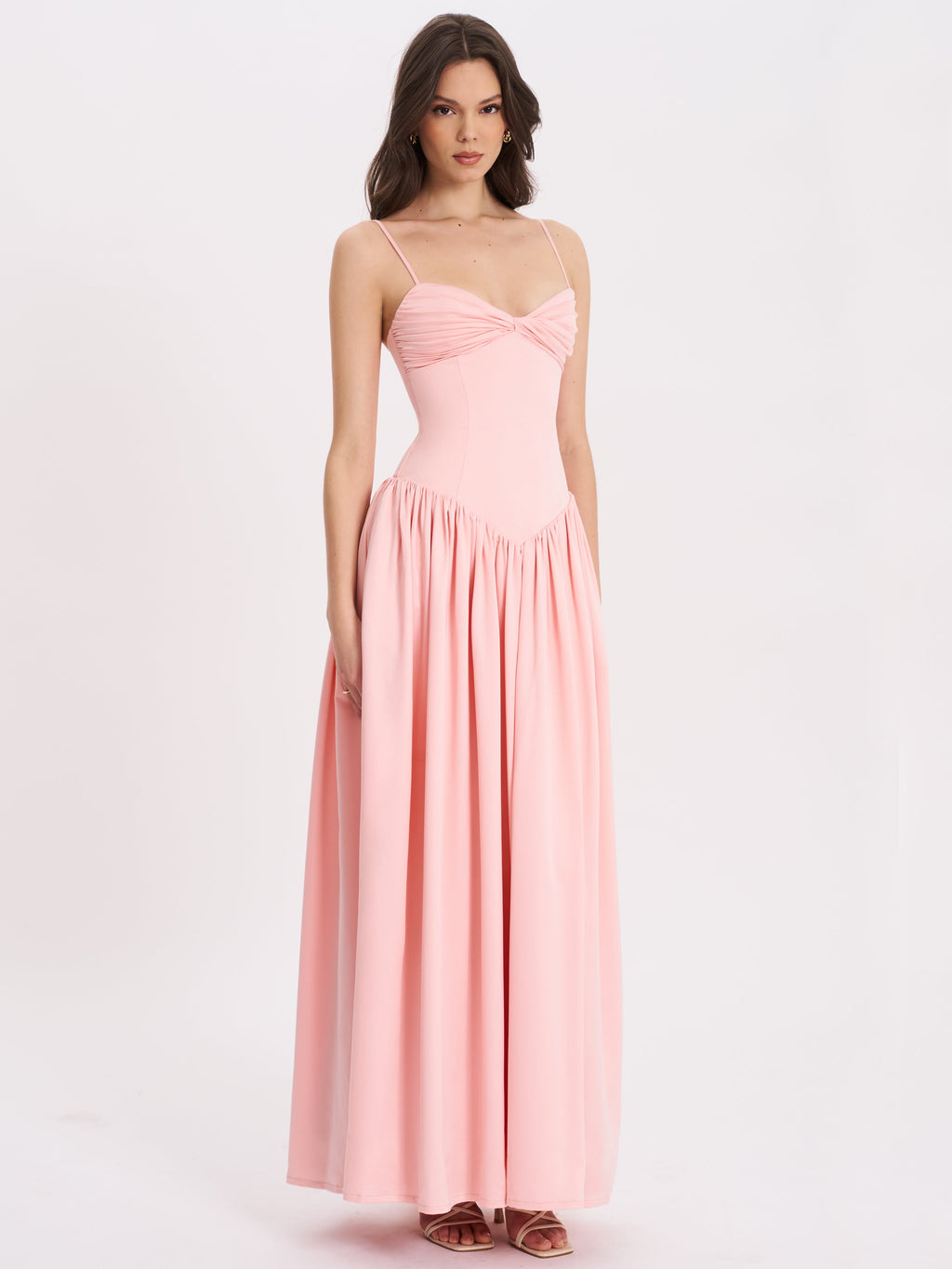Najwa Baby Pink Ruched Breast Drop Waist Maxi Dress
