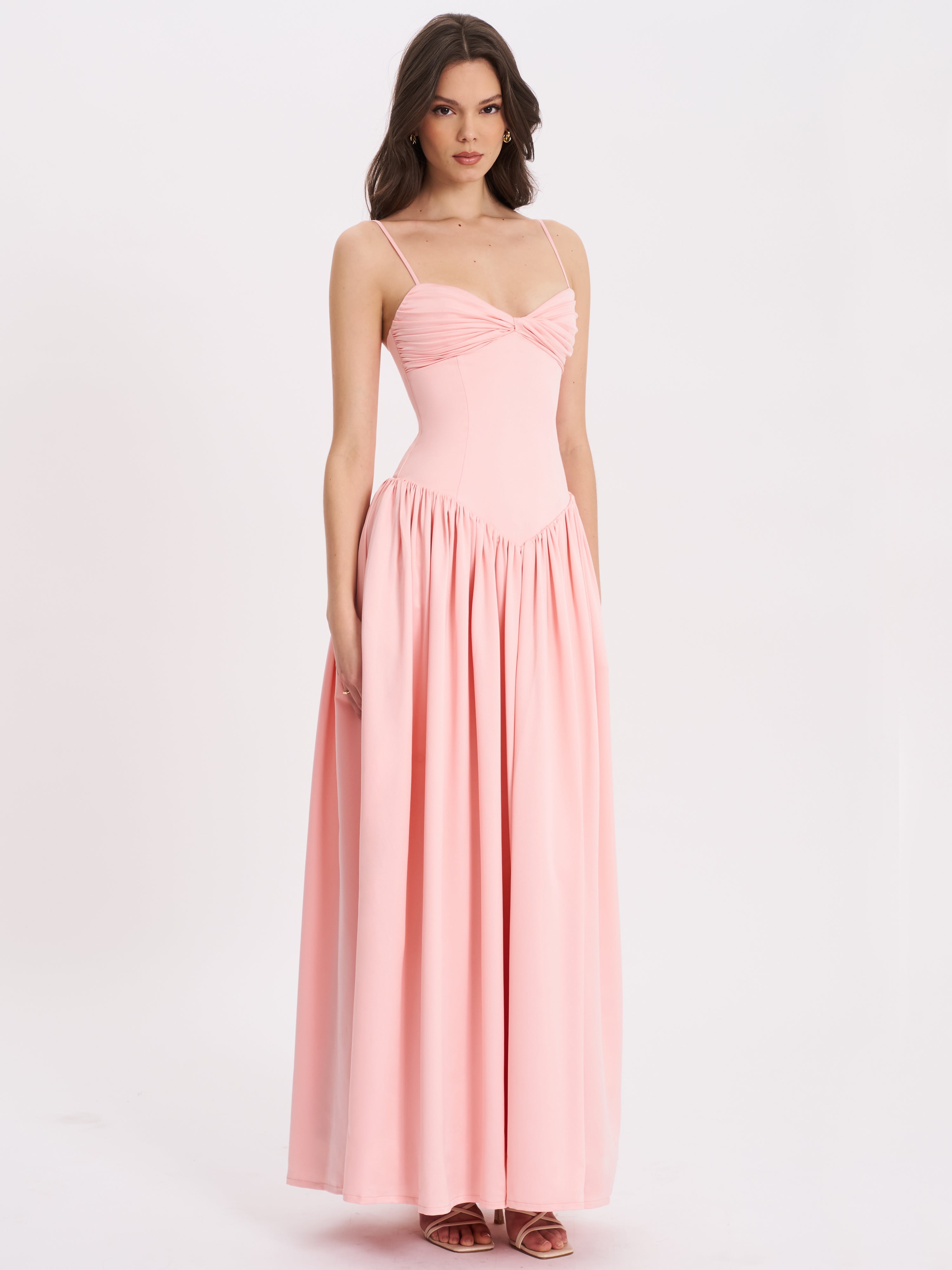 Najwa Baby Pink Ruched Breast Drop Waist Maxi Dress