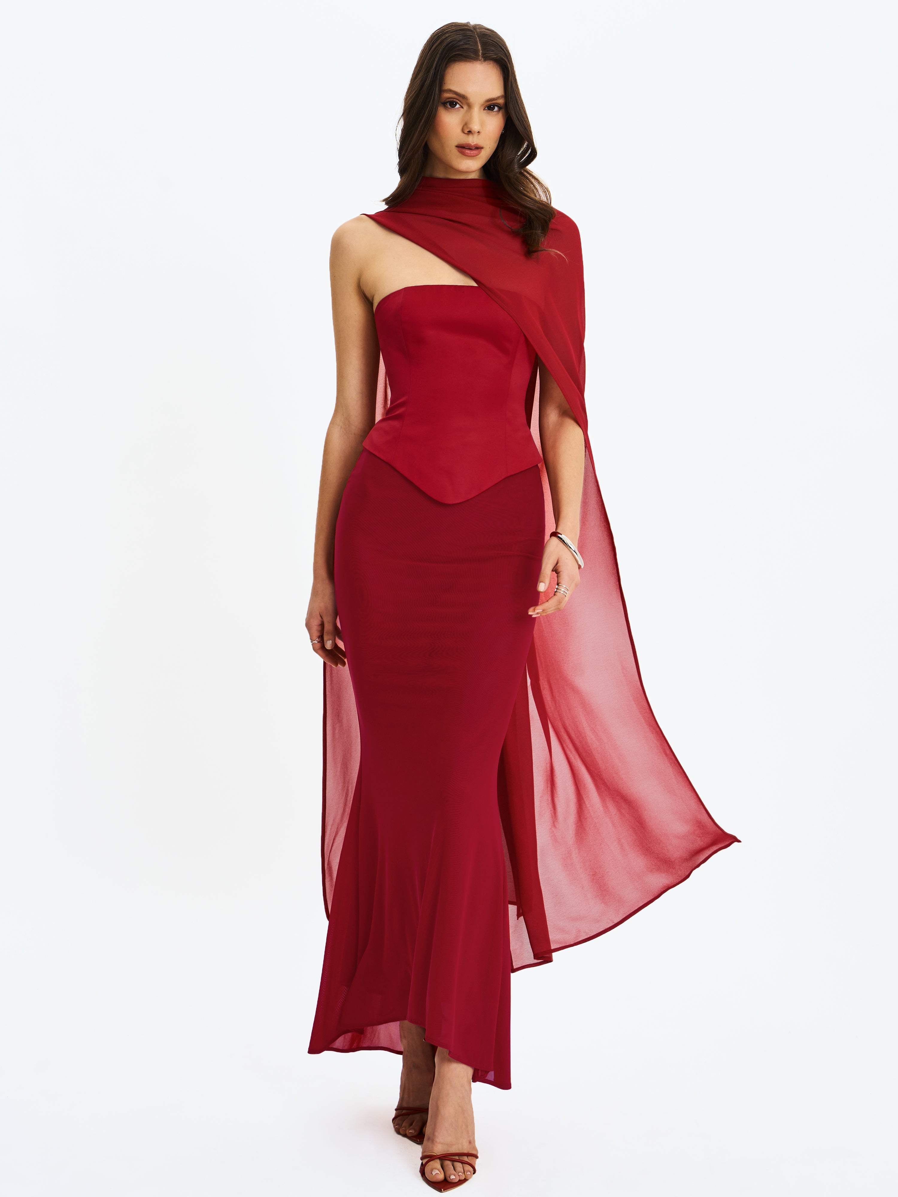 Giselle Crimson Peplum Mermaid Gown with Chiffon Scarf