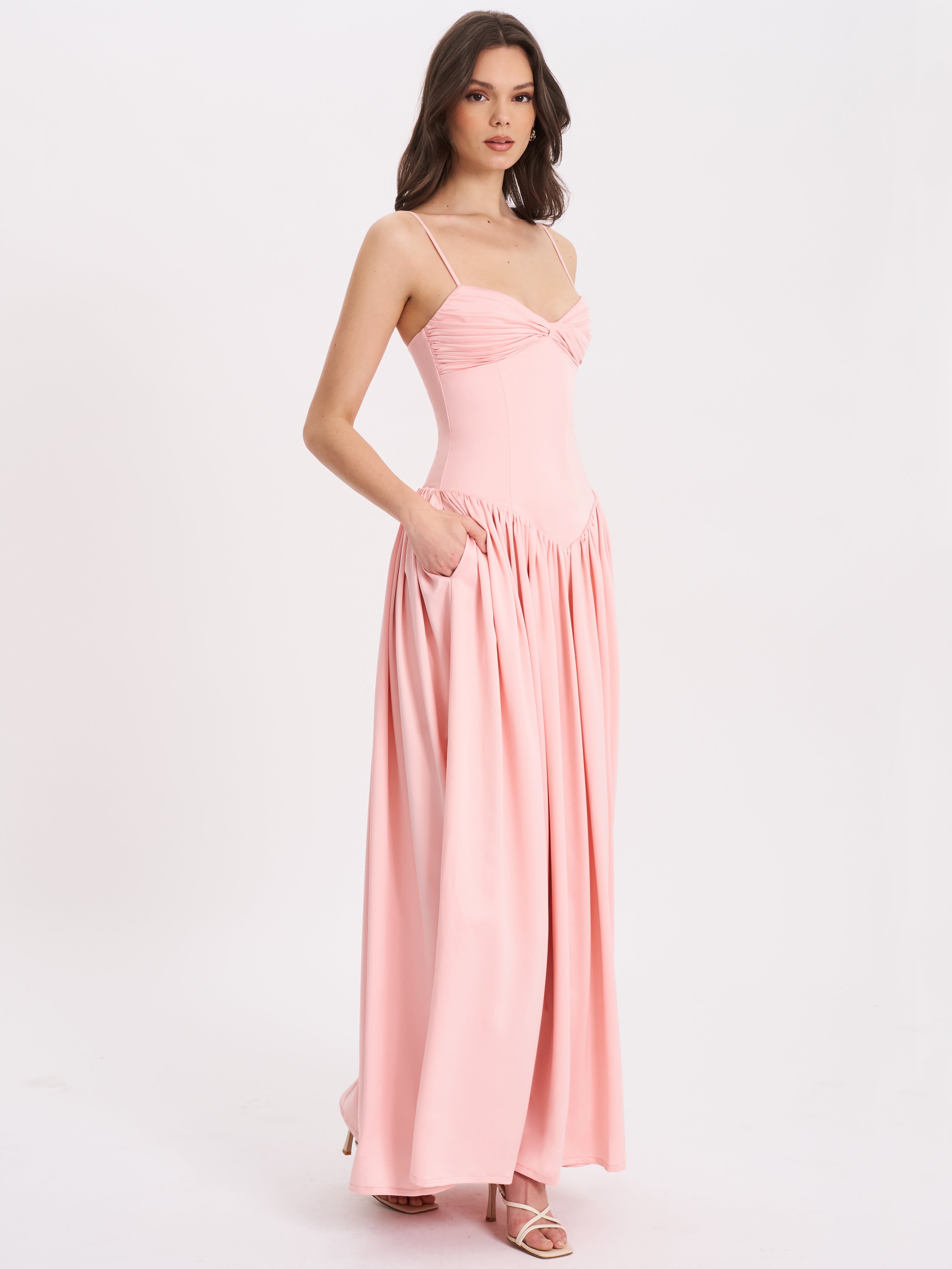 Najwa Baby Pink Ruched Breast Drop Waist Maxi Dress