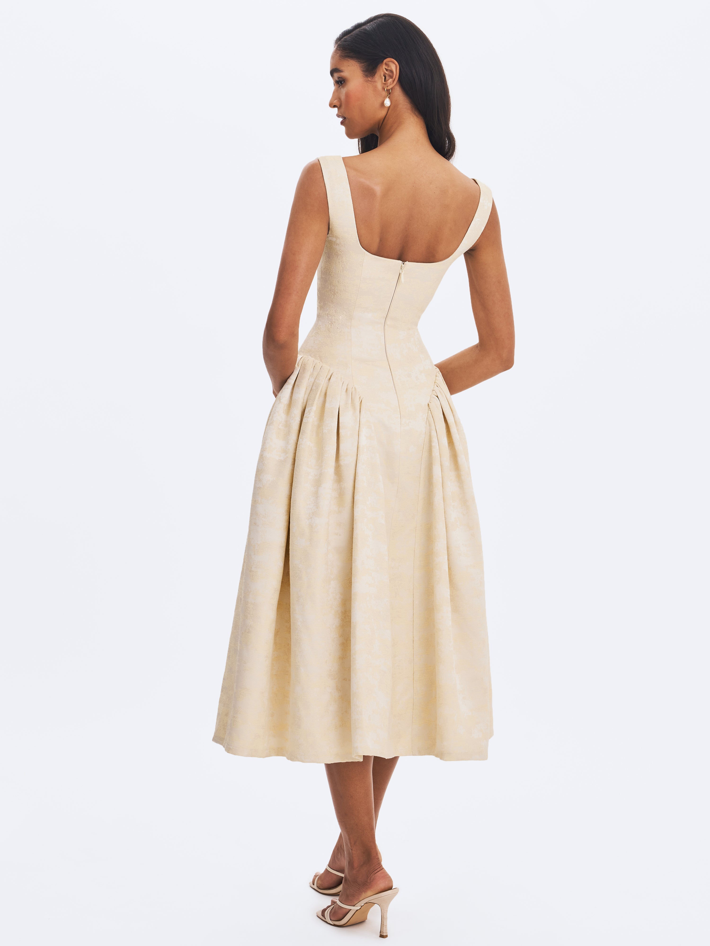 Chelsea Ivory Jacquard Ruched Bust Sweetheart Midi Dress
