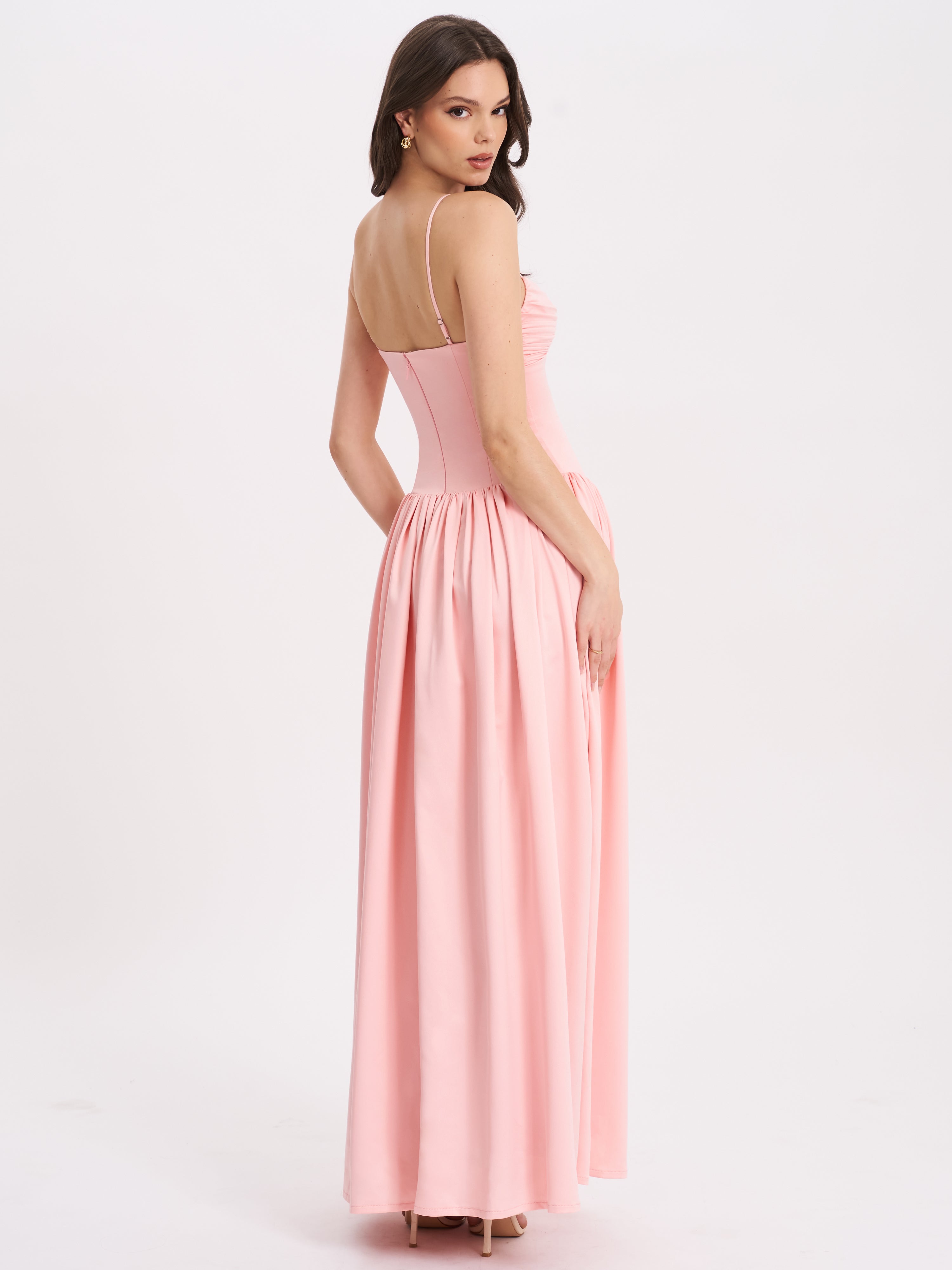 Najwa Baby Pink Ruched Breast Drop Waist Maxi Dress