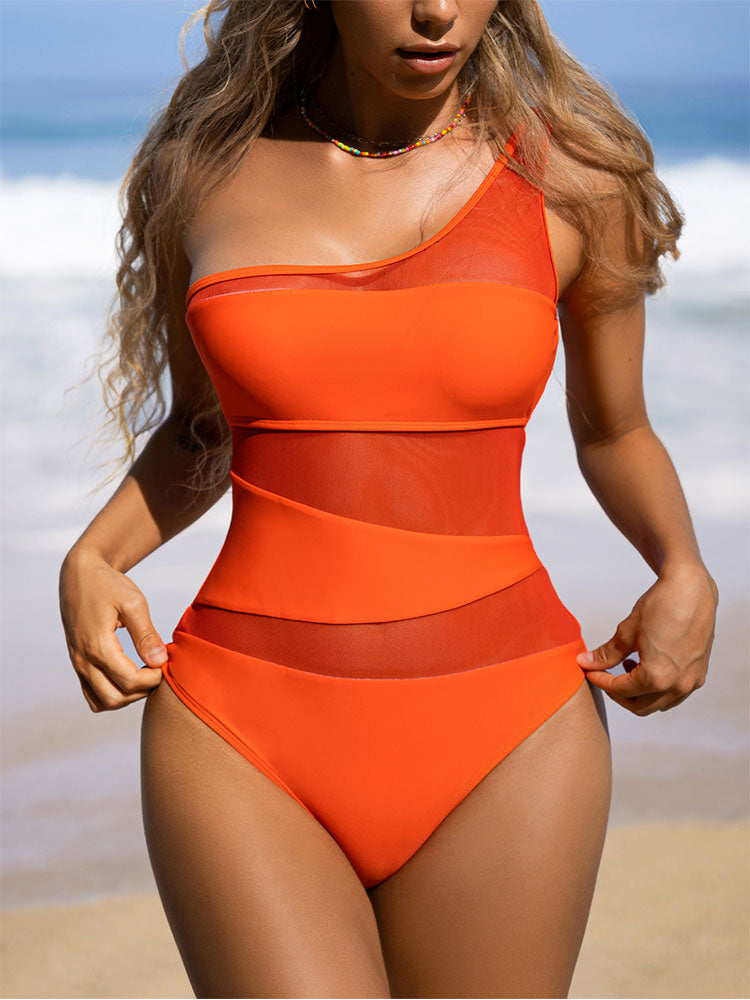 Solid One Piece Swimsuit Women Hollow Out Cutout Out Bathing Suits Mesh Swimwear