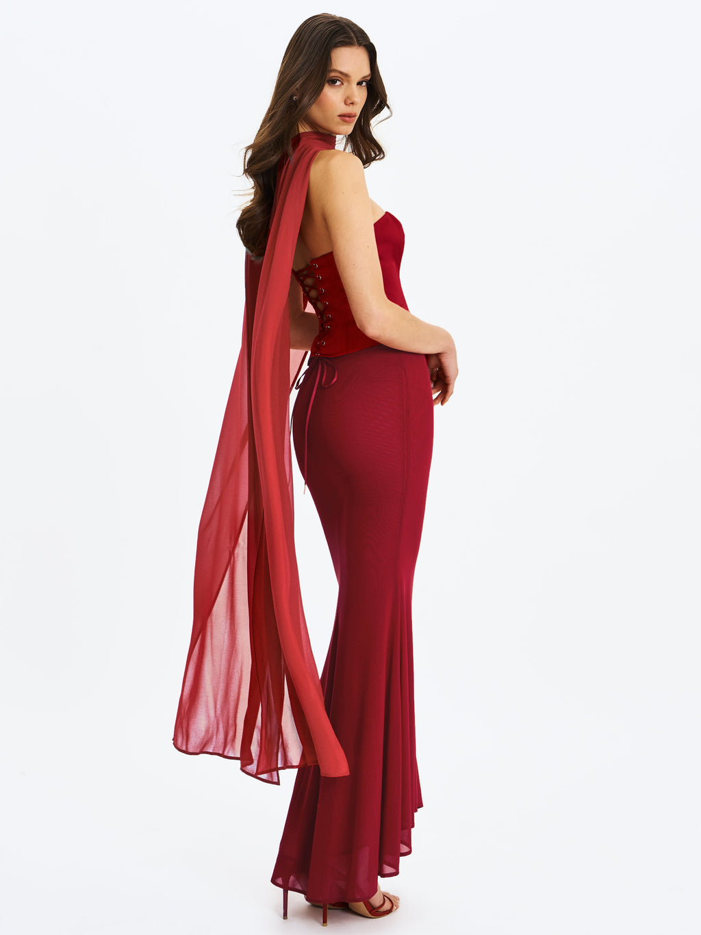 Giselle Crimson Peplum Mermaid Gown with Chiffon Scarf