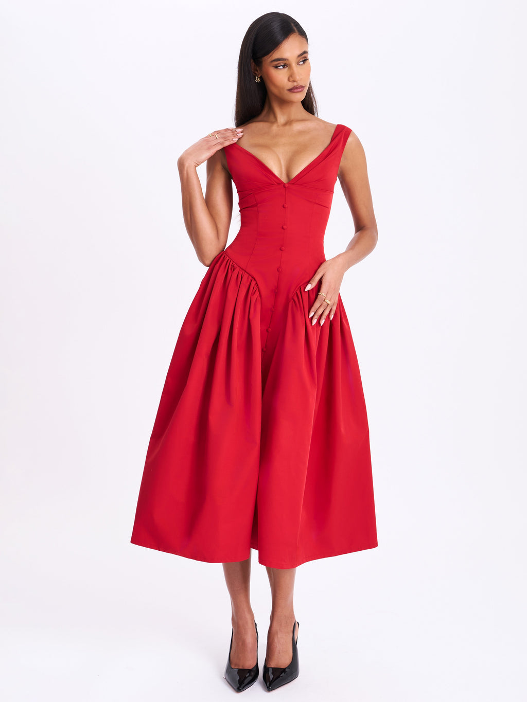 Nahla Red Drop Waist Midi Dress with Buttons