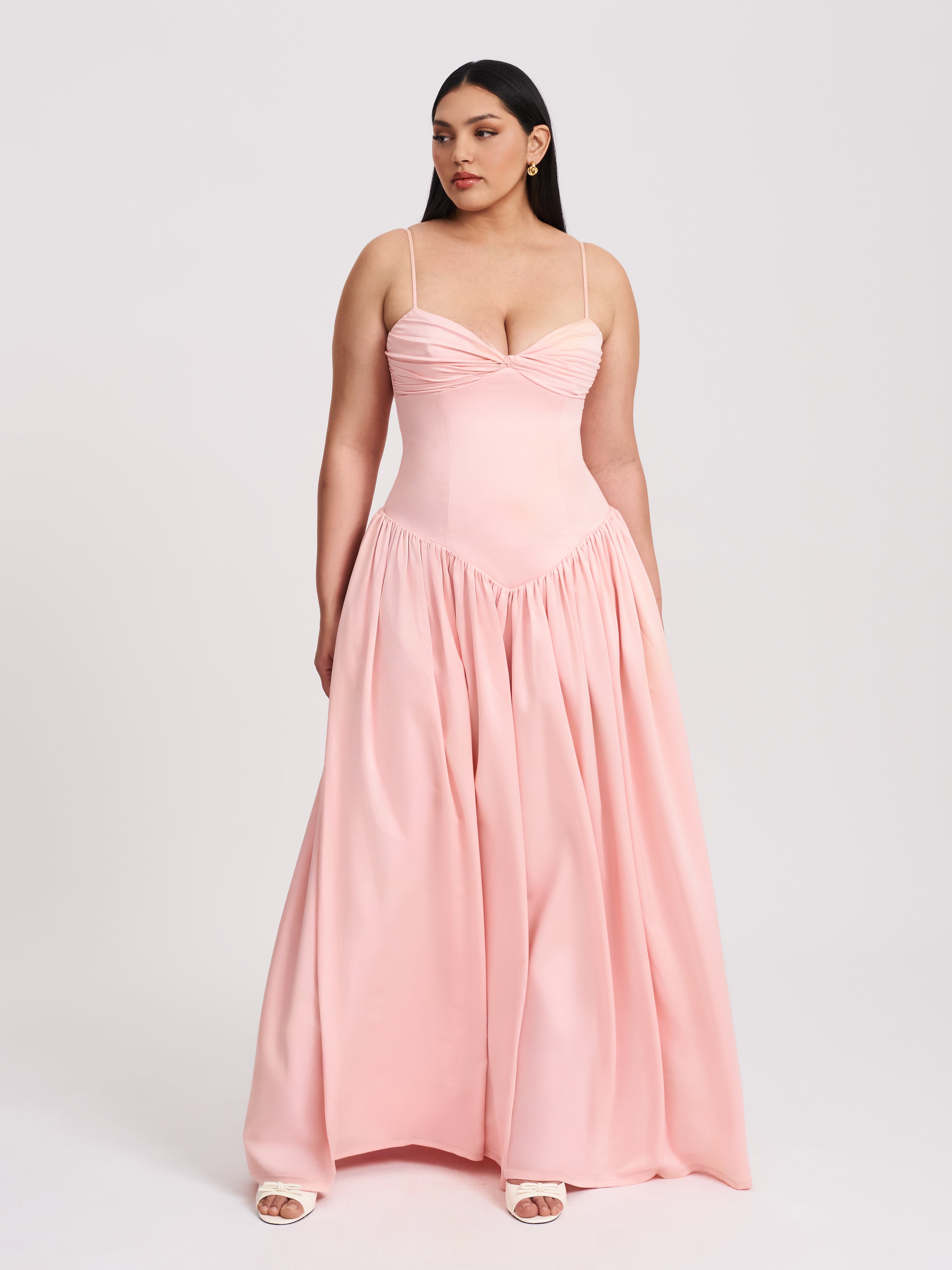 Najwa Baby Pink Ruched Breast Drop Waist Maxi Dress