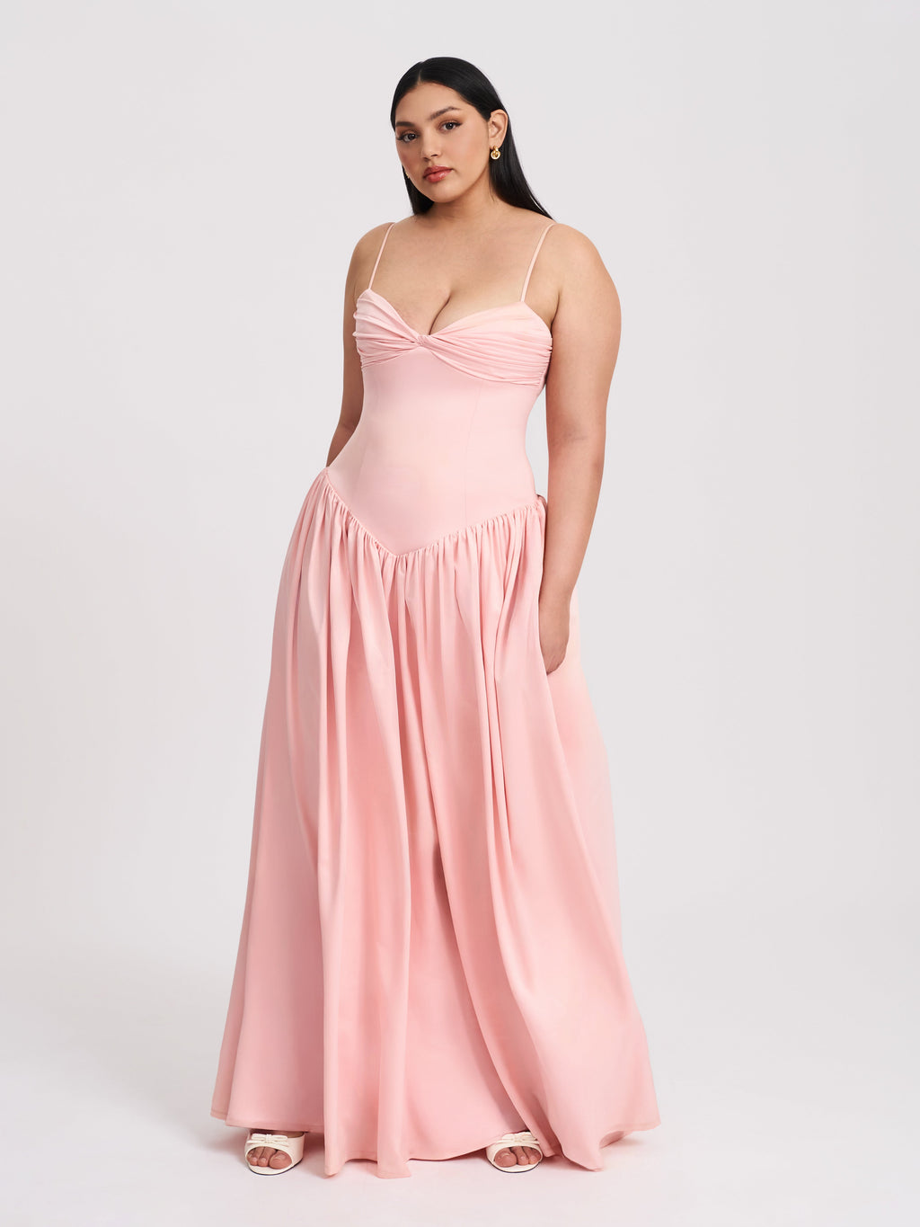 Najwa Baby Pink Ruched Breast Drop Waist Maxi Dress