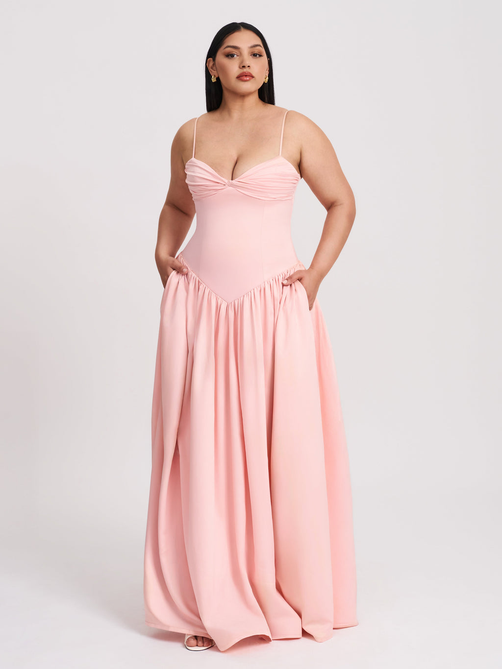 Najwa Baby Pink Ruched Breast Drop Waist Maxi Dress