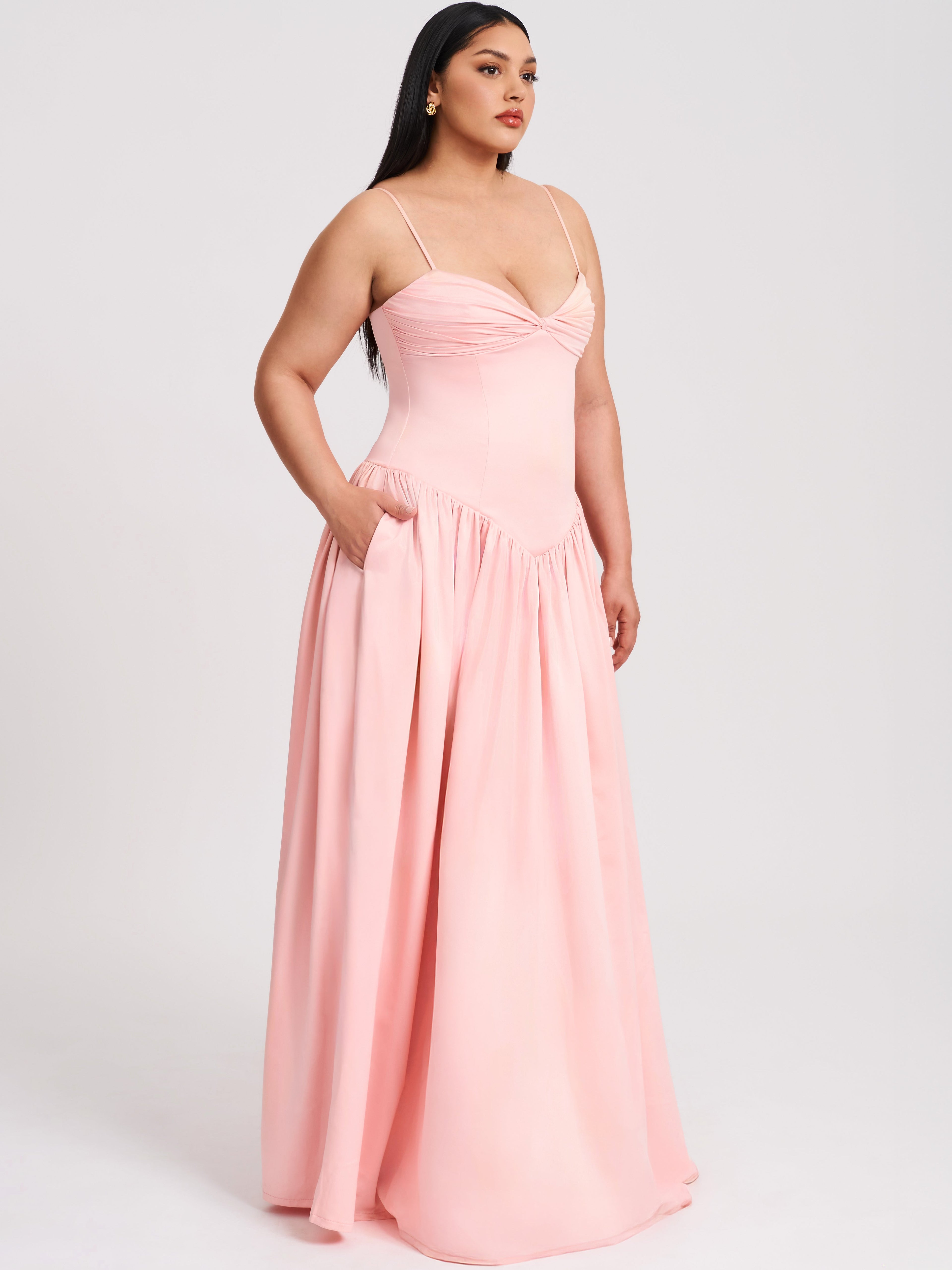Najwa Baby Pink Ruched Breast Drop Waist Maxi Dress