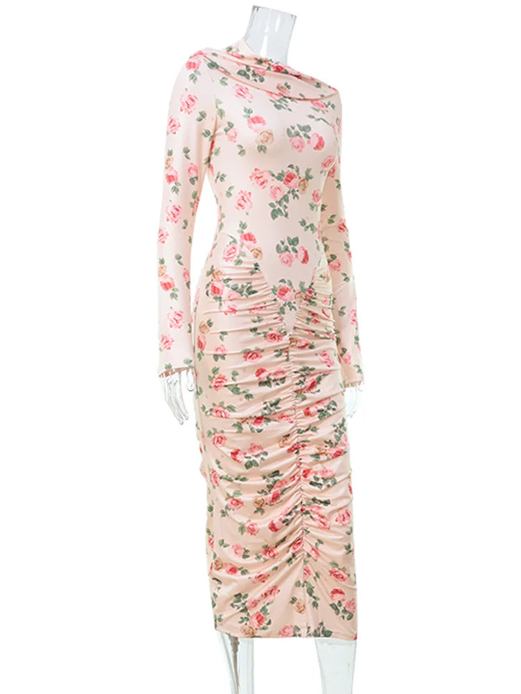 Flower Prints Long Sleeve Slash Neck