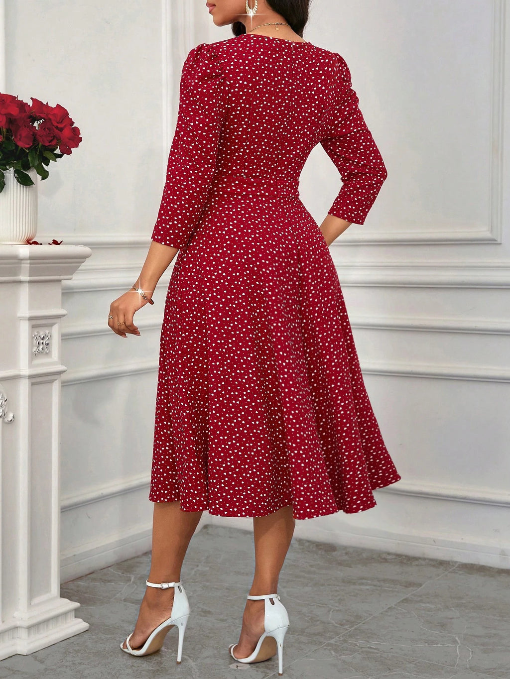 Women's Burgundy White Polka Dot Midi Dress V-Neck 3/4 Sleeves A-Line Spring Summer Elegant Vintage Daily Party Dress