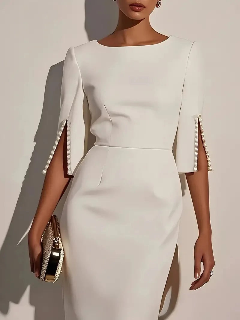 Elegant O-neck Half-sleeved Dress For Women Fashion Spring Summer Solid Color Pearl Design Waist-hugging