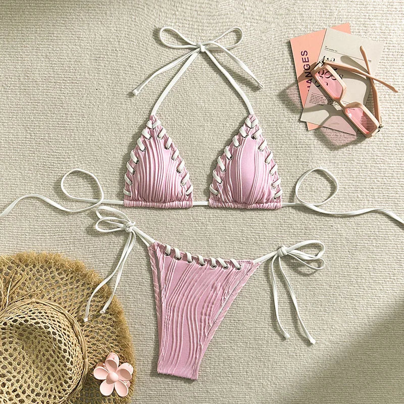 New Women's Sexy Bikinis Swimwear Summer Holiday Beach Swim Wear Bathing Suits Female Solid Color Bandage Pool Bather Bikini Set