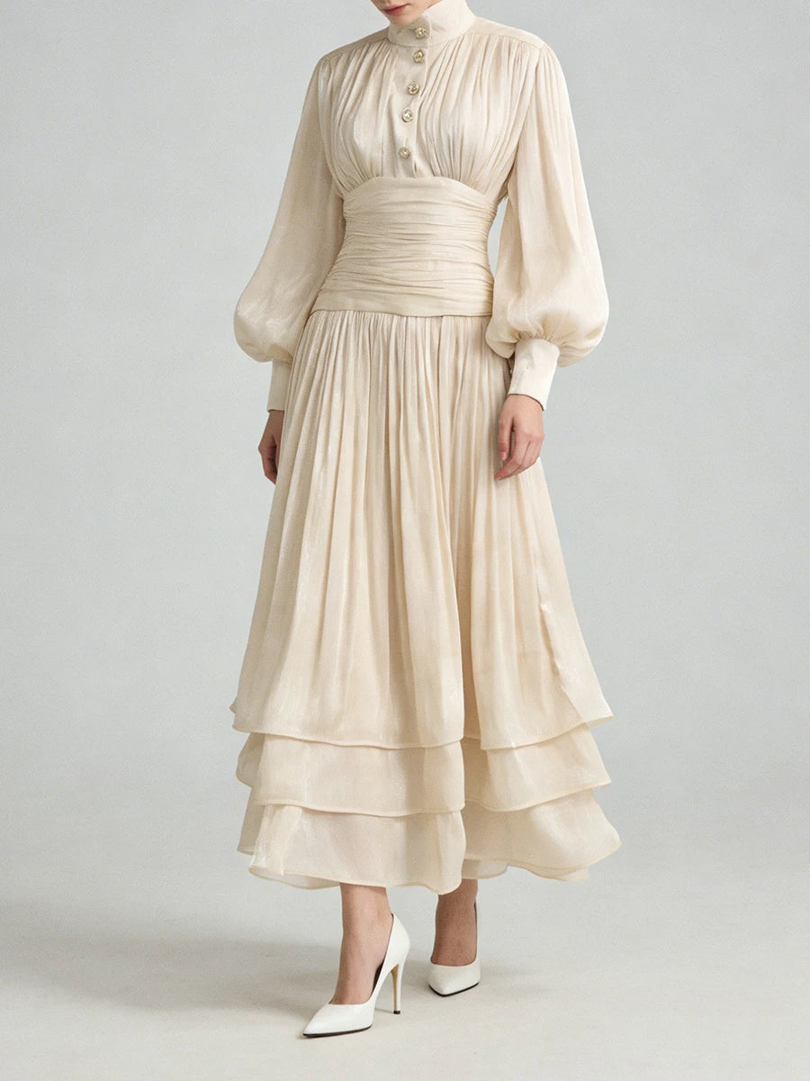 Solid Spliced Metal Buttons Temperament Long Dresses for Women High Neck Long Sleeves Patchwork Folds Dress Female