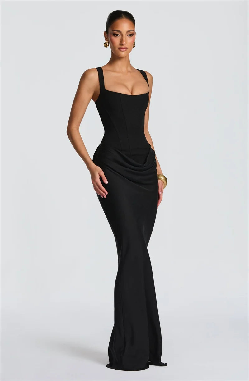 Elegant Square Collar Sleeveless Skinny Ruched Club Party Long Dress