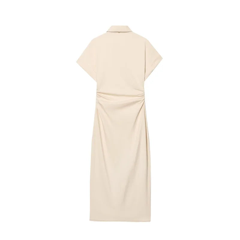 women's elegant fashion waist pleated V-neck short-sleeved denim MIDI dress