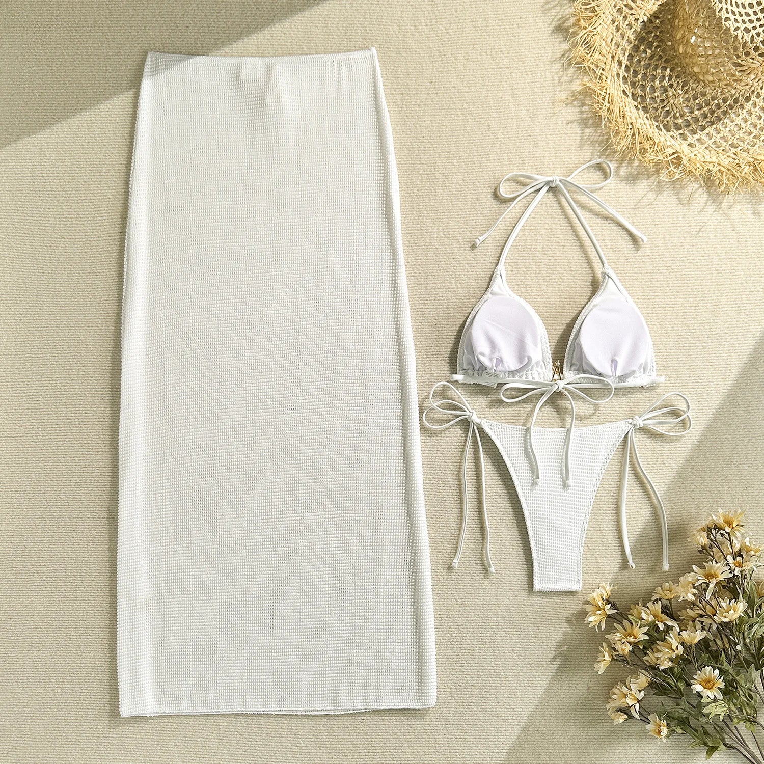 2025 new solid color mesh long skirt split swimsuit swimsuit three-piece set bikini
