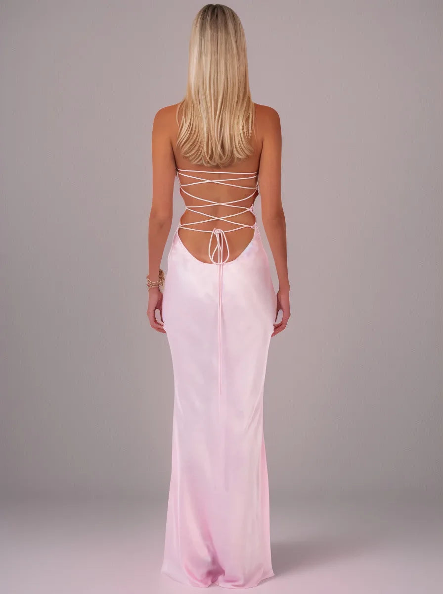 Sequin Vestidos Solid Color Backless Strappy Hip Evening Dress Elegant Simple Style