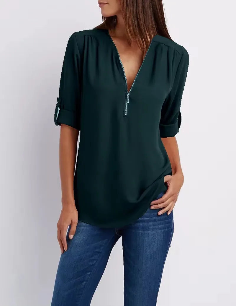 Women Cool Loose Shirt Deep V Neck Chiffon Fashion Blouse Casual Ladies Tops Sexy Zipper Pullover Plus Size