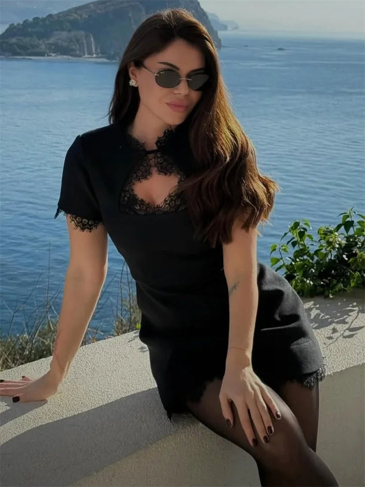 Black Lace Hollow Out Mini Dress
