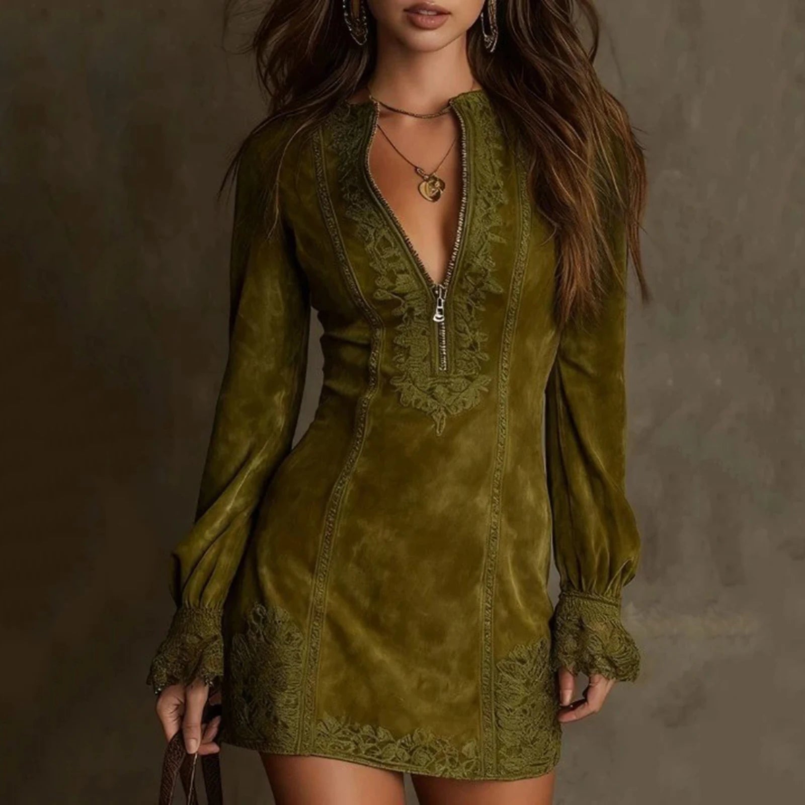 Suede V-Neck Zipper Lace Dress Long Sleeve Solid Color Vintage Mini Dress Trendy Chic Casual Retro Trim Stylish Outing Dress