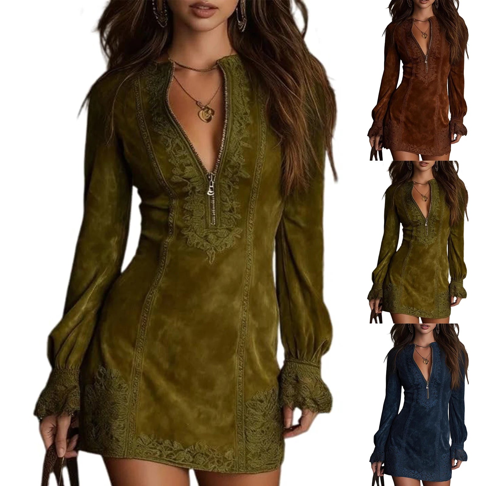 Suede V-Neck Zipper Lace Dress Long Sleeve Solid Color Vintage Mini Dress Trendy Chic Casual Retro Trim Stylish Outing Dress