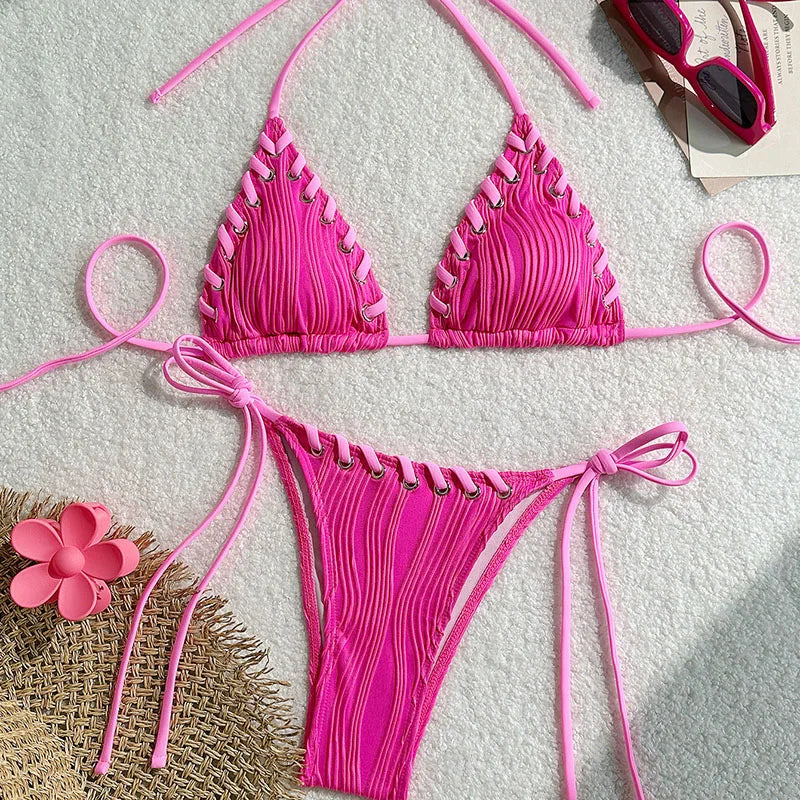 New Women's Sexy Bikinis Swimwear Summer Holiday Beach Swim Wear Bathing Suits Female Solid Color Bandage Pool Bather Bikini Set