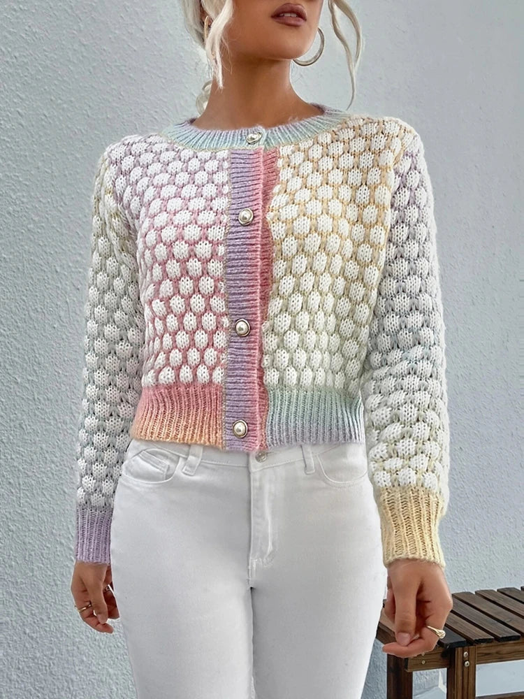 Elegant and fashionable cardigan sweater, women's Macron color gradient checkered round neck jacket