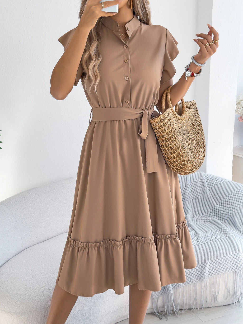 Casual Summer Woman Dress Solid Color Single Breasted Ruffle Edge Short Sleeved Dresses With Belt Khaki Blue Green