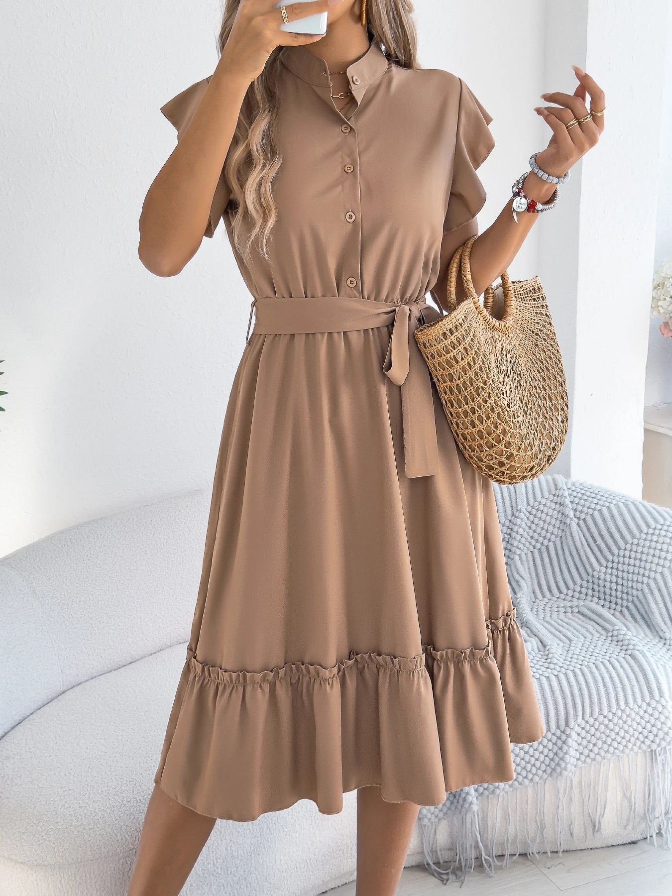 Casual Summer Woman Dress Solid Color Single Breasted Ruffle Edge Short Sleeved Dresses With Belt Khaki Blue Green