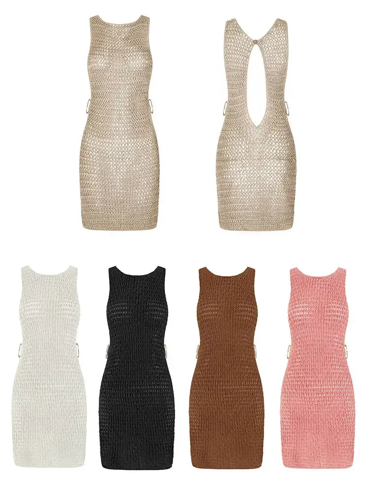 2026 Summer Sexy One Neck Cut Out Circle Decoration Corset Slim Beach Mini Dress Women Seaside Beachwear Swimwear Cover Up A2796