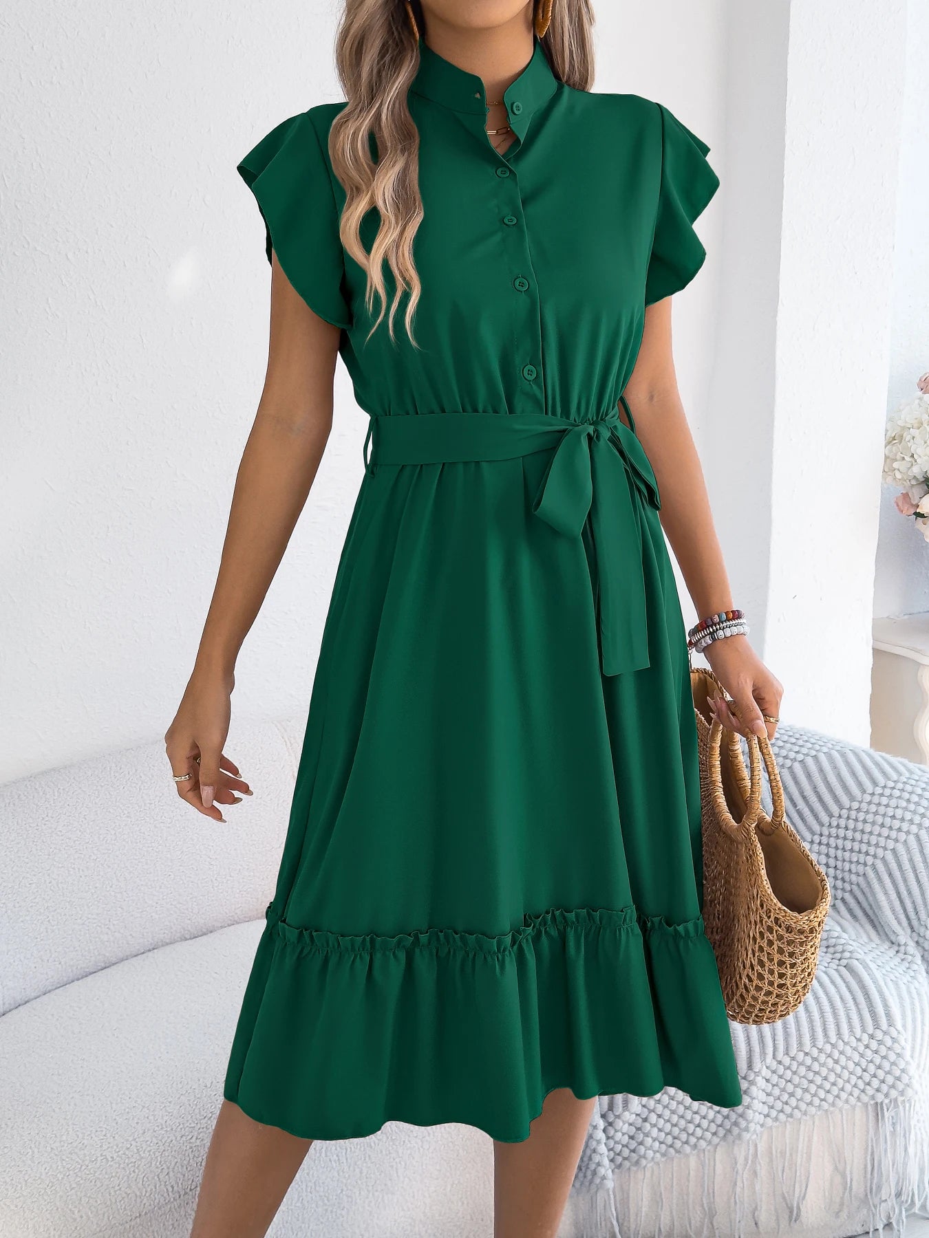 Casual Summer Woman Dress Solid Color Single Breasted Ruffle Edge Short Sleeved Dresses With Belt Khaki Blue Green