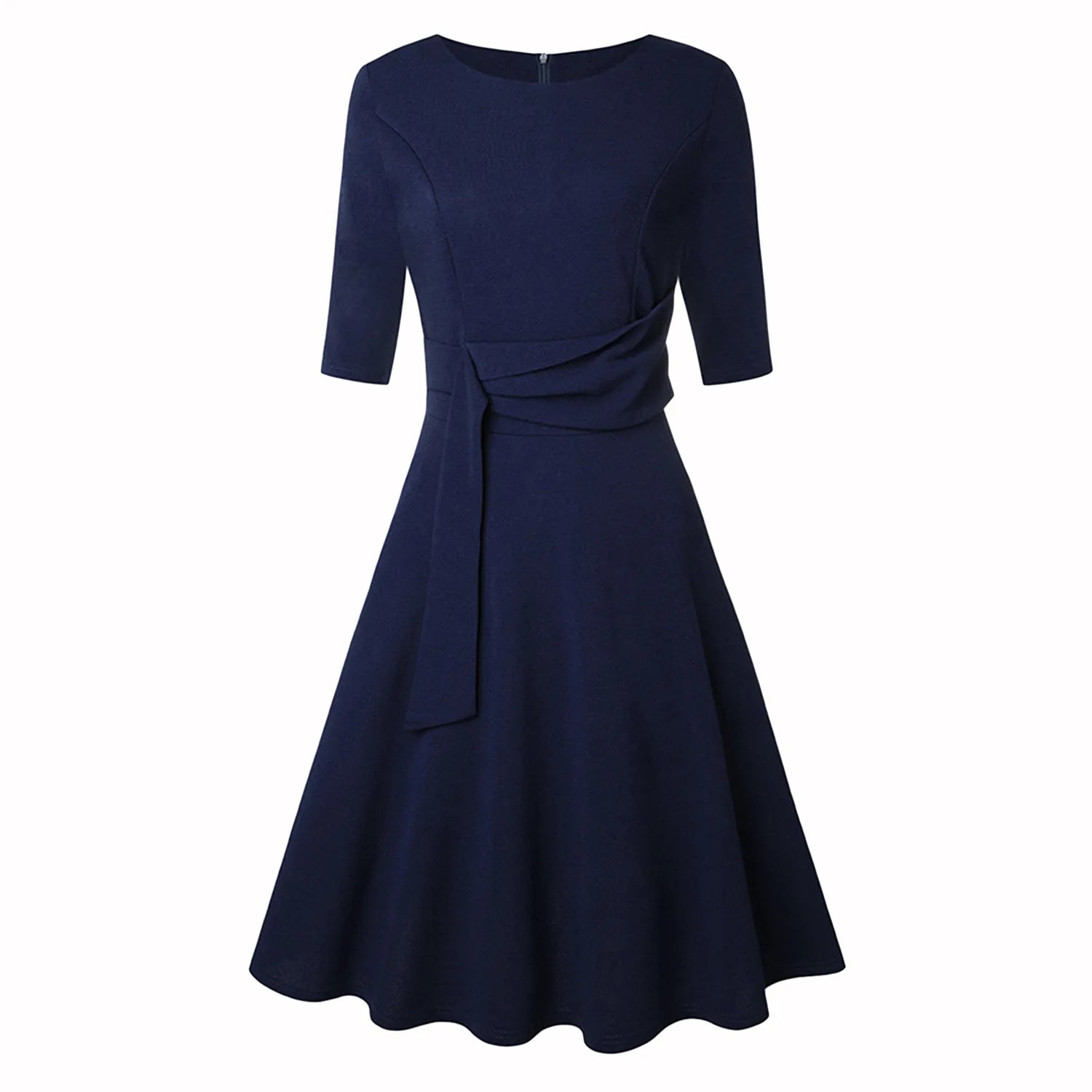 A-Line Swing Knee-Length Short Sleeve Belt Waist Retro Skirts Round Neck Waist Tie Lace-up Maxi Dress