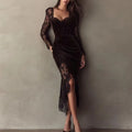 Velvet Bodycon Long Dress Deep V Neck Hollow Elegant Party Dress New Long Lace Sleeve Split