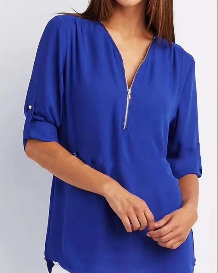 Women Cool Loose Shirt Deep V Neck Chiffon Fashion Blouse Casual Ladies Tops Sexy Zipper Pullover Plus Size