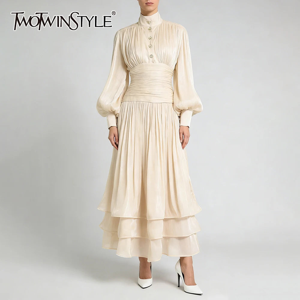 Solid Spliced Metal Buttons Temperament Long Dresses for Women High Neck Long Sleeves Patchwork Folds Dress Female
