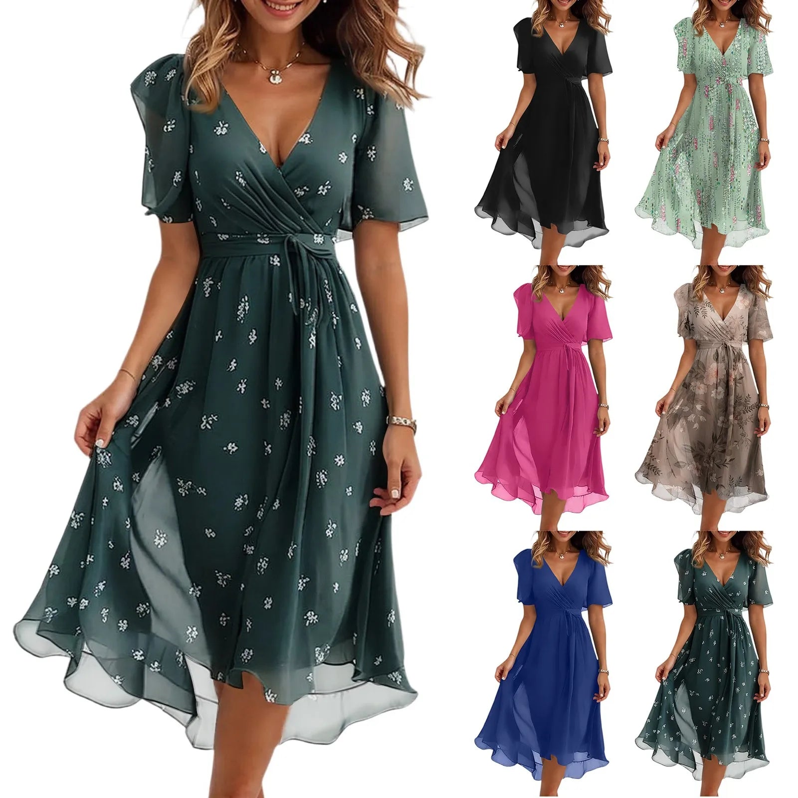 Daily Casual Fashion Wrinkles V-Neck Waist Cinching A-Line Zipper Dress Lightweight Comfy Vacation Dress
