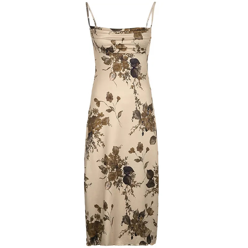 Floral Sleeveless Backless Spaghetti Strap Ruched Dress