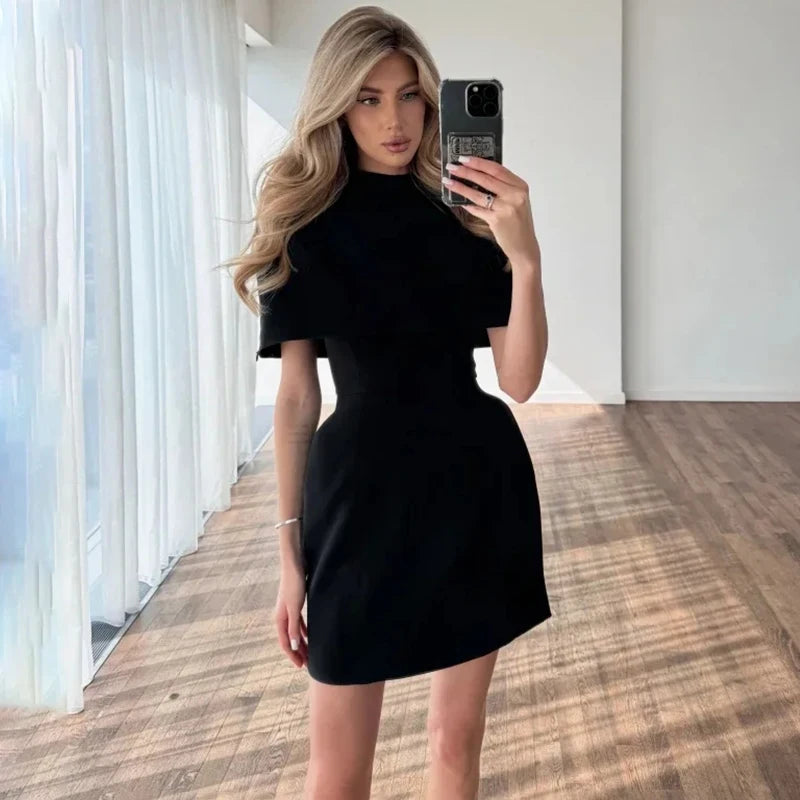 Elegant Waist-Cinching Sleeveless Short Dress Women's Round-Neck Short Cape Birthday Dress Banquet Party Dress