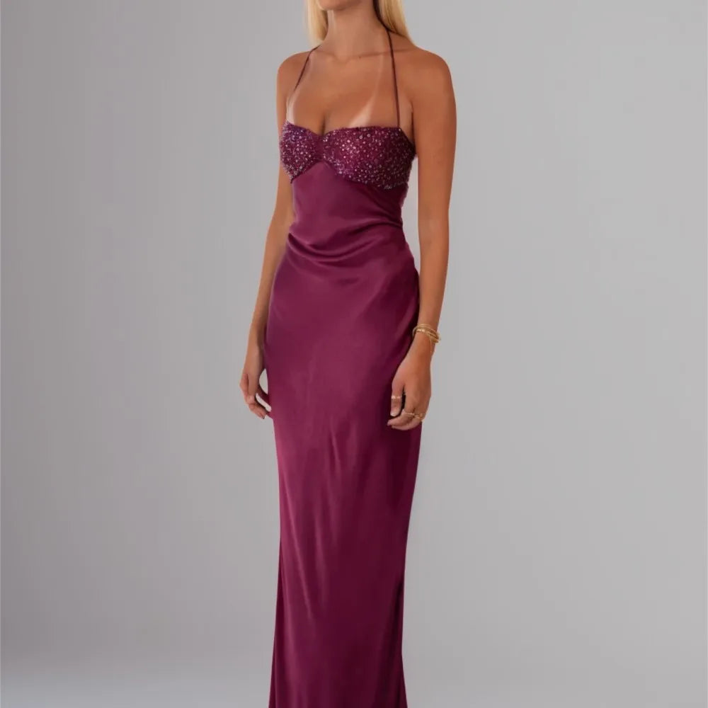 Sequin Vestidos Solid Color Backless Strappy Hip Evening Dress Elegant Simple Style