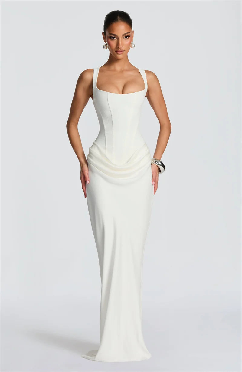 Elegant Square Collar Sleeveless Skinny Ruched Club Party Long Dress