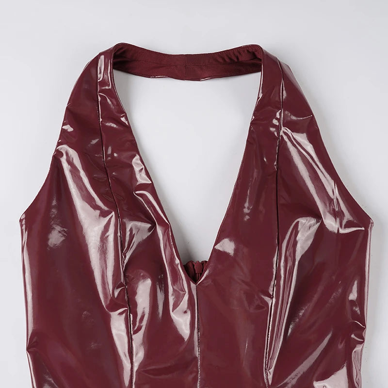 Leather Bodycon Dress Slim-Deep V-Neck Sleeveless Backless Mini Dress