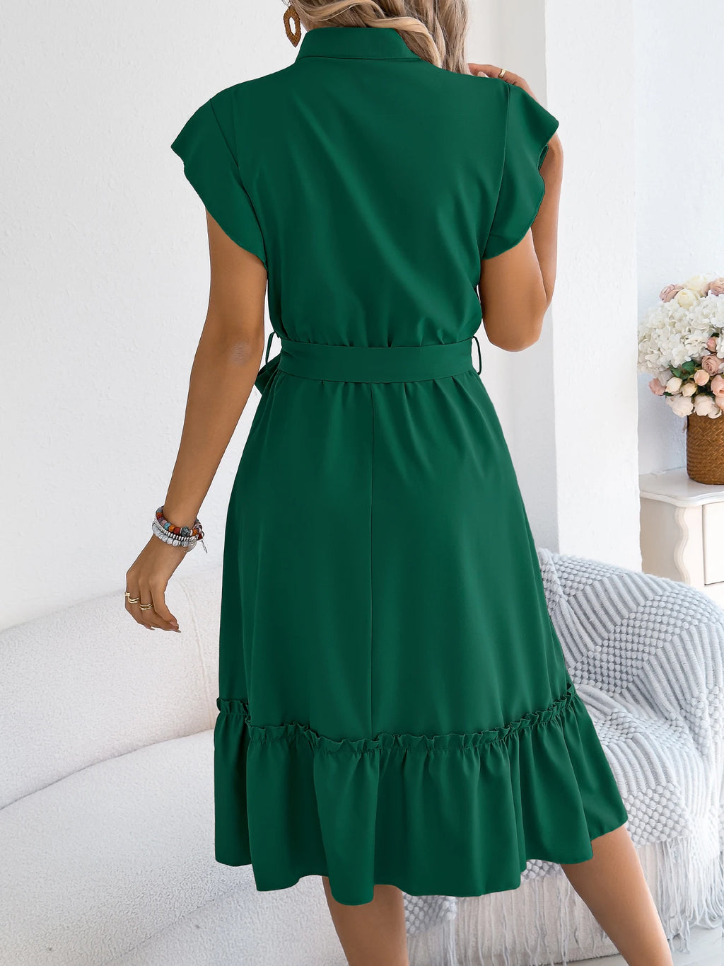 Casual Summer Woman Dress Solid Color Single Breasted Ruffle Edge Short Sleeved Dresses With Belt Khaki Blue Green