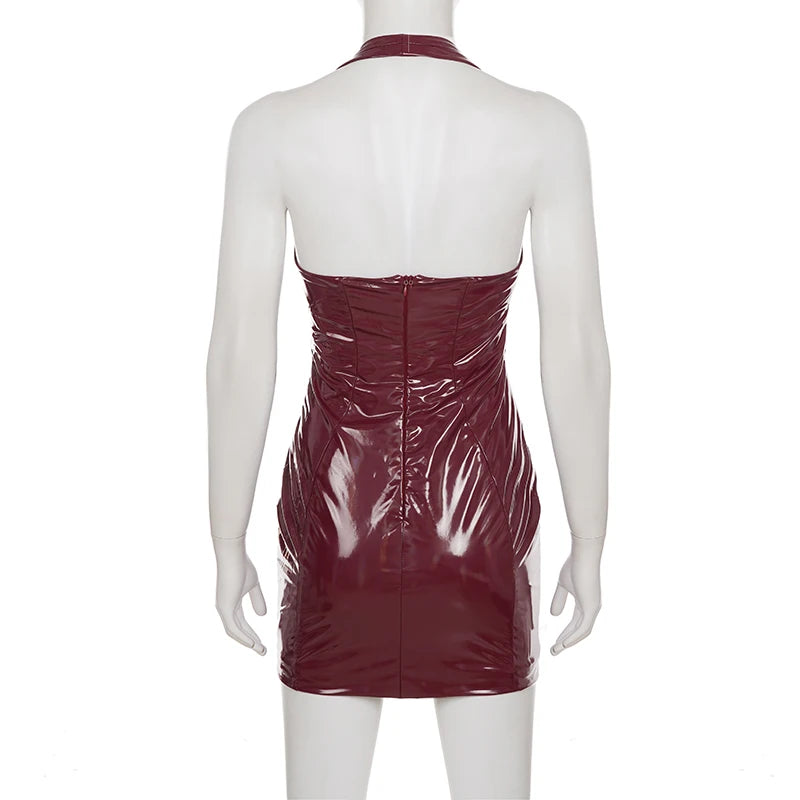 Leather Bodycon Dress Slim-Deep V-Neck Sleeveless Backless Mini Dress
