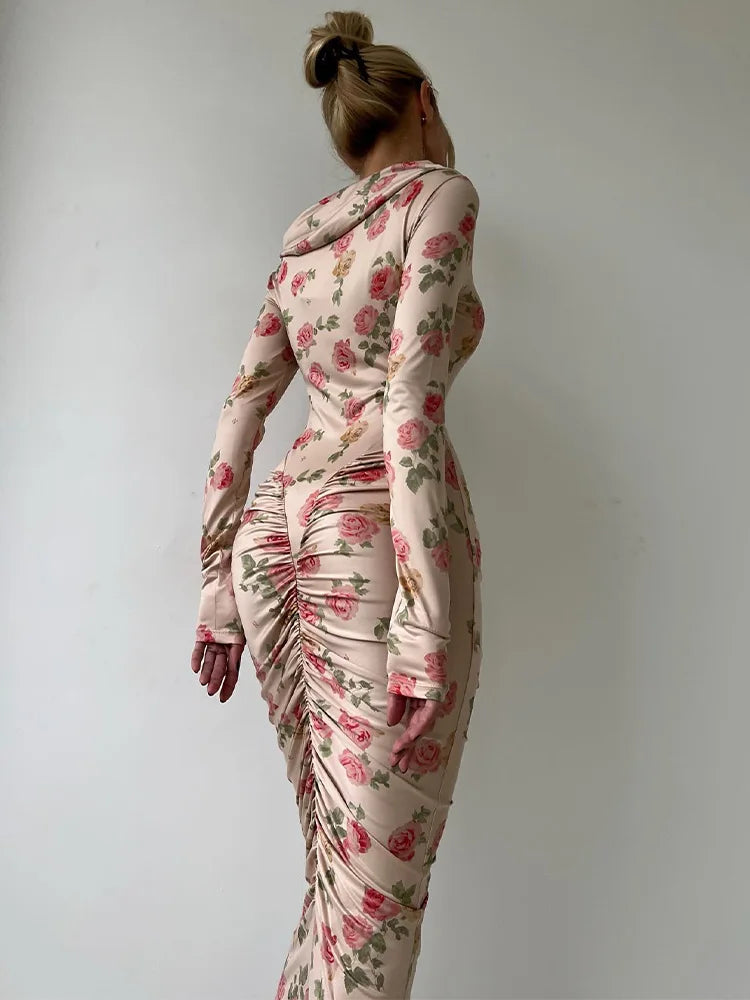 Flower Prints Long Sleeve Slash Neck