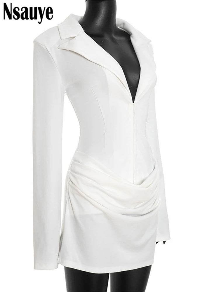 Elegant Evening Short Dress Women Fall Long Sleeve Sexy Fashion Night Club Party White Mini Wrap Corset Dress