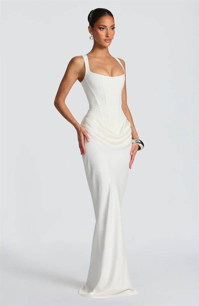 Elegant Square Collar Sleeveless Skinny Ruched Club Party Long Dress